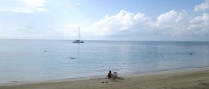 Blue water and excursion catamaran at Punta Popy