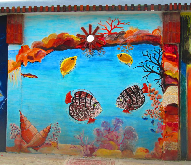 Wall mural depicts various Beautiful Caribbean Fish in Las Terrenas Dominican Republic and coral beds