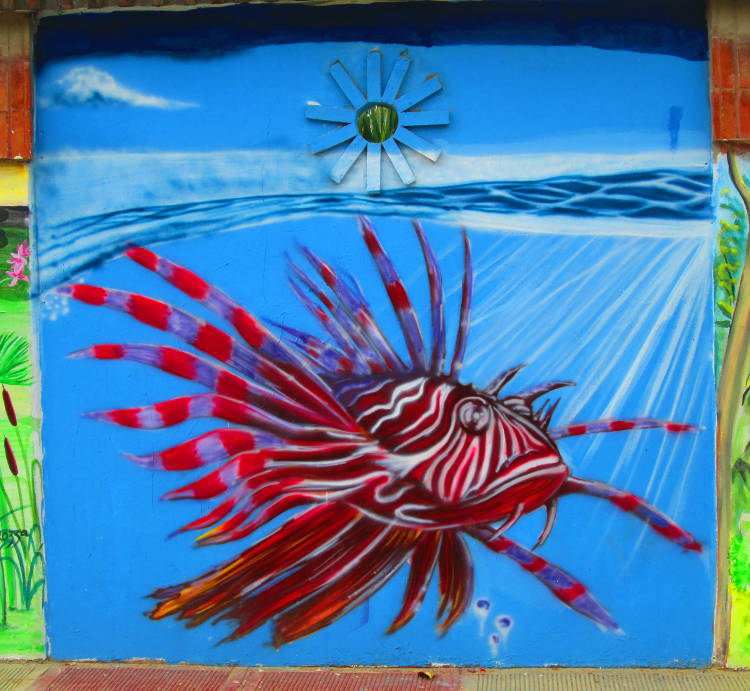Lion Fish done in red white and brown on a blue aquatic impressionistic background