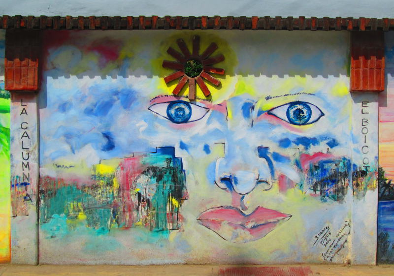 Appears to be modern abstraction. I am personally quite fond of this one. Shows eyes a nose and lips but not the complete face with a sun built in to the top of the wall and colorful splotches