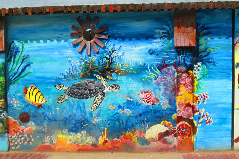Mural Depicting underwater scene including Caribbean Sea Turtle and Other Aquatic Life in Las Terrenas Dominican Republic